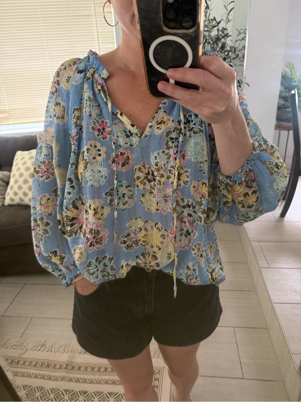 Tanya Taylor Light Blue Floral Blouse with Gathered Sleeves Size M